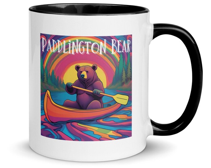 Paddlington Bear Mug, Bear Paddling Canoe Fun Gift, Outdoor Lover Play On Words Physchedelic Coffee Cup