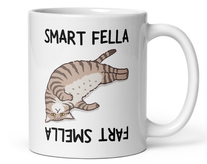 Smart Fella Fart Smella Mug, White Ceramic Cat Mug, Humorous Phrase Coffee Cup, Pet Lover Gift