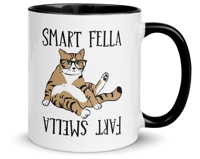 Smart Fella Fart Smella Mug, Funny Cat Lover Mug, Pun Coffee Cup, Pet Lover Gift