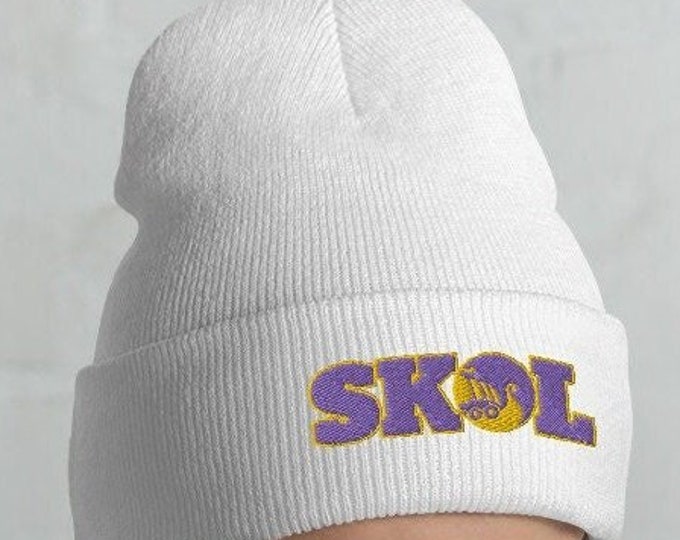 Embroidered Vikings Skol Cuffed Beanie, Purple and Gold Vikings Toque, Skol Knit Cap