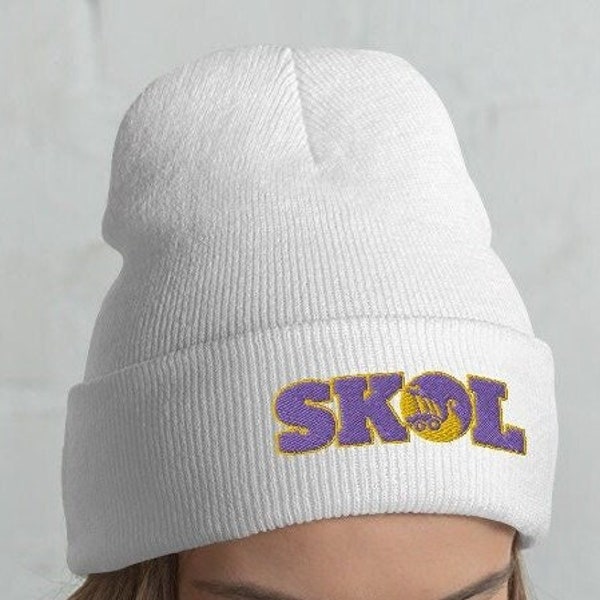 Embroidered Vikings Skol Cuffed Beanie, Purple and Gold Vikings Toque, Skol Knit Cap