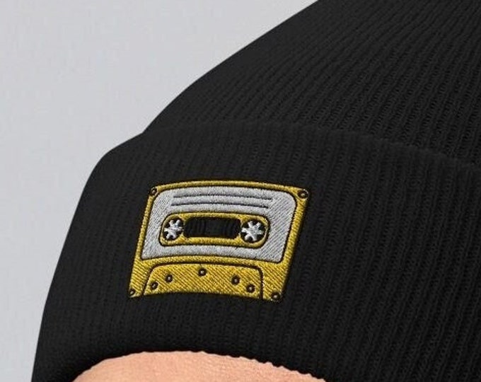 Retro Beanie, 80s Embroidered Toque, Vintage-Inspired Cassette Tape Hat, Music Lover's Retro Knit Cap