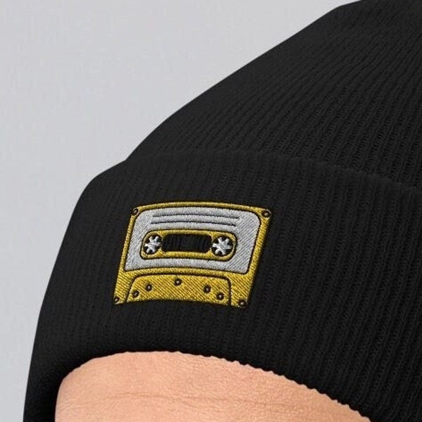 Embroidered Retro Cassette Tape Beanie, Vintage-Inspired 80s Hat, Music Lover's Retro Toque, Unisex Winter Knit Cap