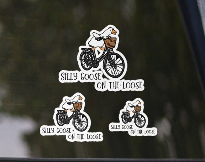 Silly Goose On The Loose Stickers, Set of Three Silly Goose Bubble-free Vinyl Car Bumper Stickers, Funny Goose on Bicycle Kiss-Cut Stickers