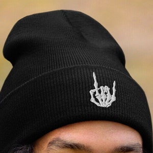 Embroidered Skeleton Hand Rock-On Beanie, Metal Hand Sign Of The Horns Halloween Toque, Two Finger Salute Woolly Hat