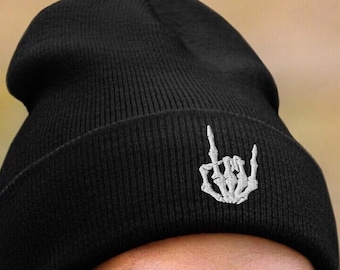 Embroidered Skeleton Hand Rock-On Beanie, Metal Hand Sign Of The Horns Halloween Toque, Two Finger Salute Woolly Hat