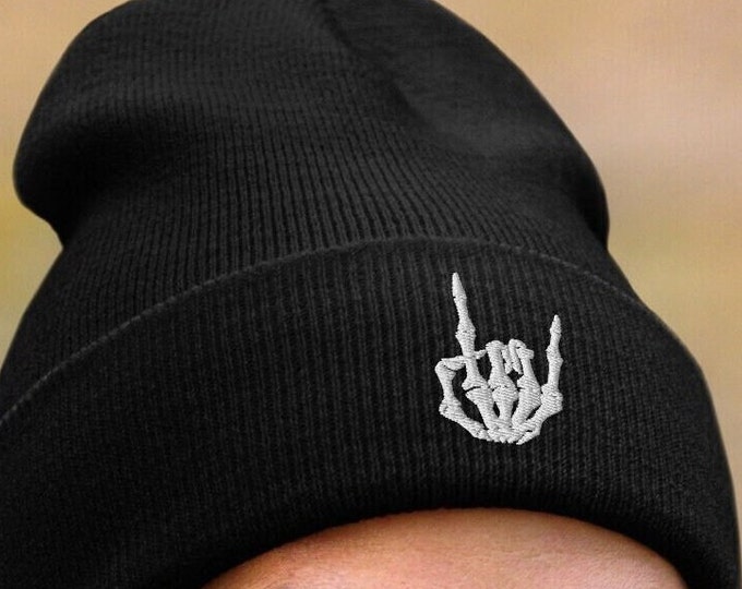 Embroidered Skeleton Hand Rock-On Beanie, Metal Hand Sign Of The Horns Halloween Toque, Two Finger Salute Woolly Hat