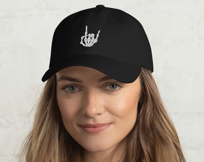 Embroidered Skeleton Metal Hand Classic Baseball Cap, Skeleton Rock-on Sign of the Horns Dad Hat