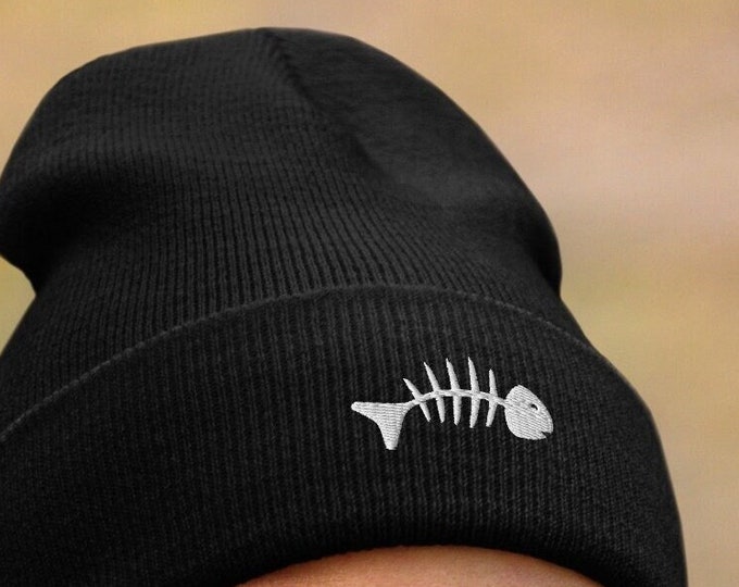Skeleton Fish Beanie, Dead Fish Logo Skull Cap, Fish Bones Toque, Cool Fish Woolly Hat