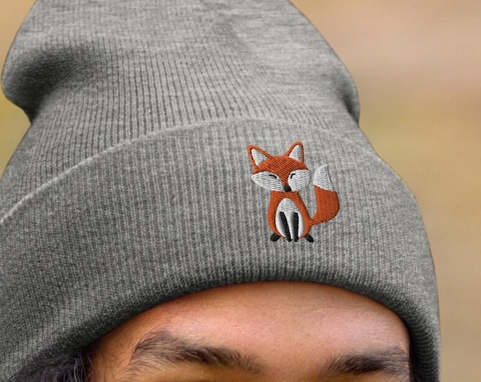 Embroidered Fox Beanie, Winter Warm Unisex Beanie Hat, Animal Lover Toque, Fox Lovers Gift Idea, Fox Beanie Hat for Kids or Adults