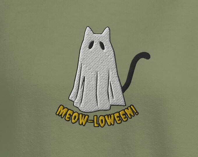 Embroidered Ghost Sweatshirt, Meow-loween Crewneck, Halloween Embroidered Shirt