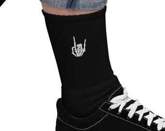 Bestickte Halloween-Socken, Zeichen der Hörner-Socken, Zwei-Finger-Gruß-Skelett-Hand