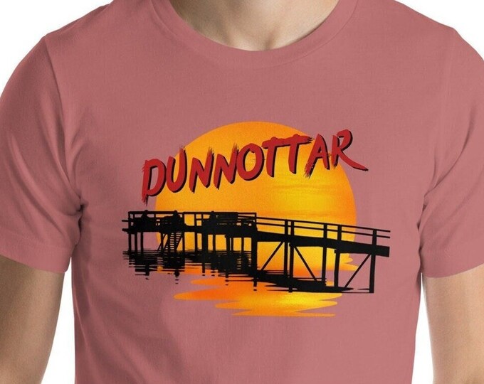 Dunnottar Pier Sunrise T-Shirt, Personalized Lake Name Unisex Graphic Tee, Cottage Lake Life Gift