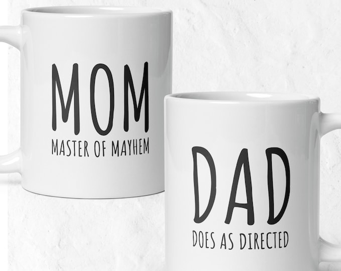 Mom Dad Matching Mugs, Acronym Mug, Master of Mayhem (MOM), Does As Directed (DAD), Coffee Mug for Parents, Fathers Day Gift, Dad Mug