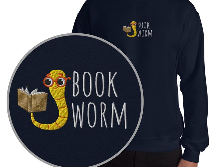 Book Worm Embroidered Sweatshirt, Unisex Book Lover Crewneck, Trendy Literary Sweater, Trendy Reading Jumper