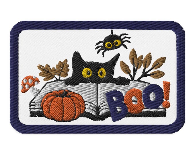 Embroidered Halloween Cat Patch, Spooky Cat and Spider Iron-On Applique, Cat Lover Halloween Gift, Book Lover Patch