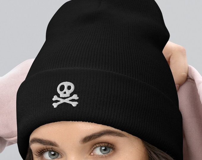 Embroidered Skull Cuffed Beanie, Skull and Crossbones Toque