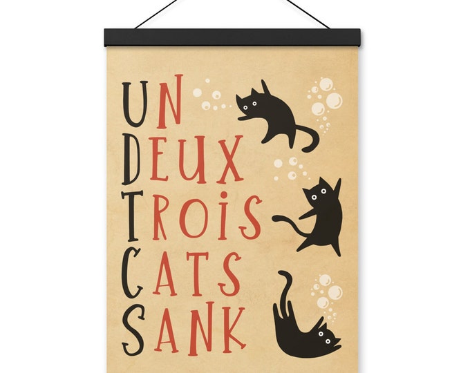 Un Deux Trois Cats Sank Poster with Hangers, Framed French Language Art, Cute Chat Noir Print