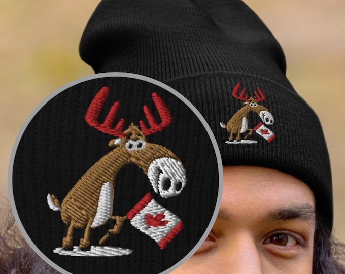 Canada Toque, Canadian Moose Beanie, Cozy Winter Toque, Embroidered Canada Hat
