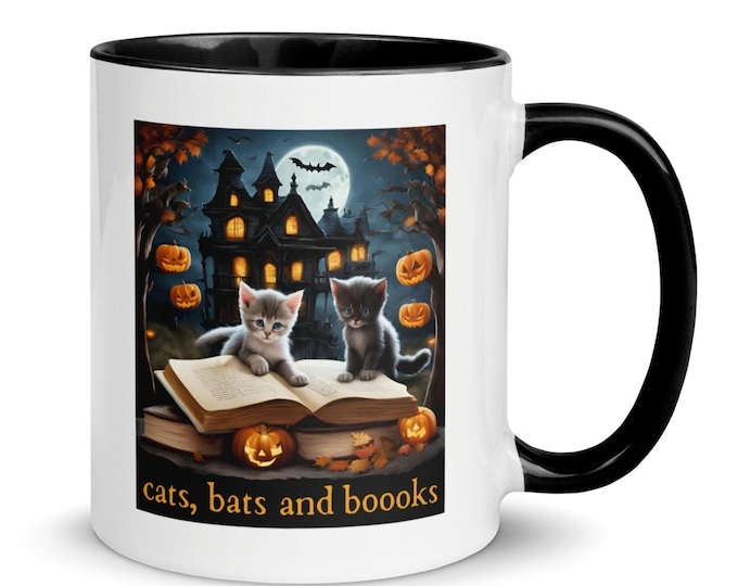 Cute Cat Halloween Mug, Cats Bats and Boooks Fall Coffee Cup, Spooky Season Kitten Mug