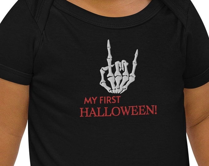My First Halloween Embroidered Skeleton Hand Rock-On Baby Bodysuit, Spooky Sign of the Horns Sleeper