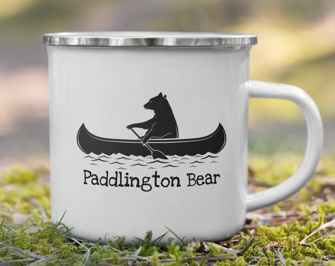 Paddlington Bear, Enamel Camping Mug, Tin Mug, Canoe Mug, Hiking Mug, Outdoor Camp Mug, Canoeing Gift, Paddlington Bear Tin Mug