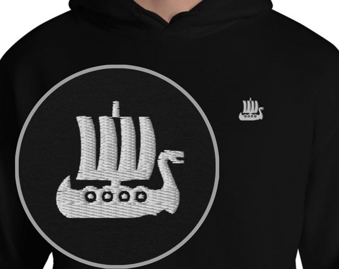 Viking Ship Embroidered Hoodie, Norse Ship Hooded Sweater, Scandinavian Minimalist Hoodie, Explorer Spirit Hooded Sweater, Old Norse Gift