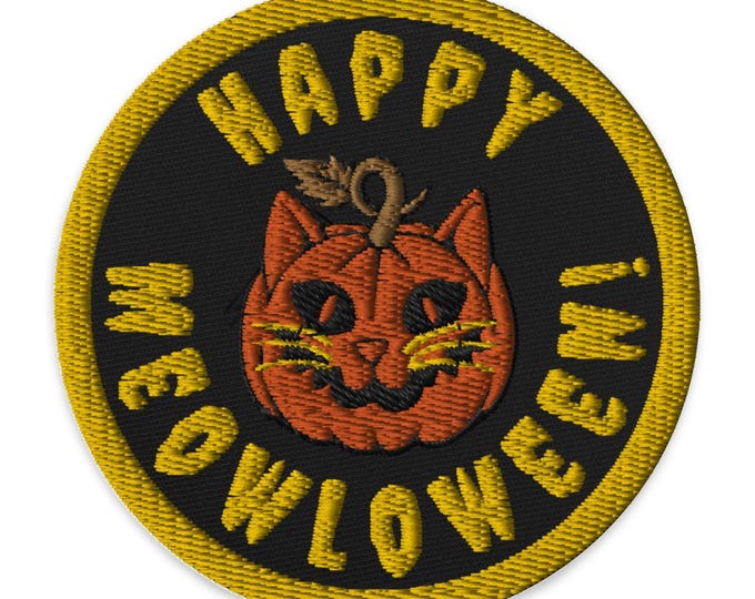 Embroidered Halloween Cat Patch, Happy Meowloween Iron-On Applique, Cat Lover Halloween Gift