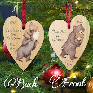 Custom Mama Bear Baby&#39;s First Christmas Ornament, Personalized Papa Bear Wooden Decoration, Mama Bear Christmas Fridge Magnet