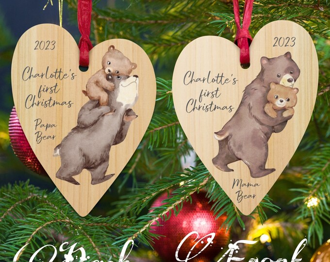 Custom Mama Bear Baby's First Christmas Ornament, Personalized Papa Bear Wooden Decoration, Mama Bear Christmas Fridge Magnet