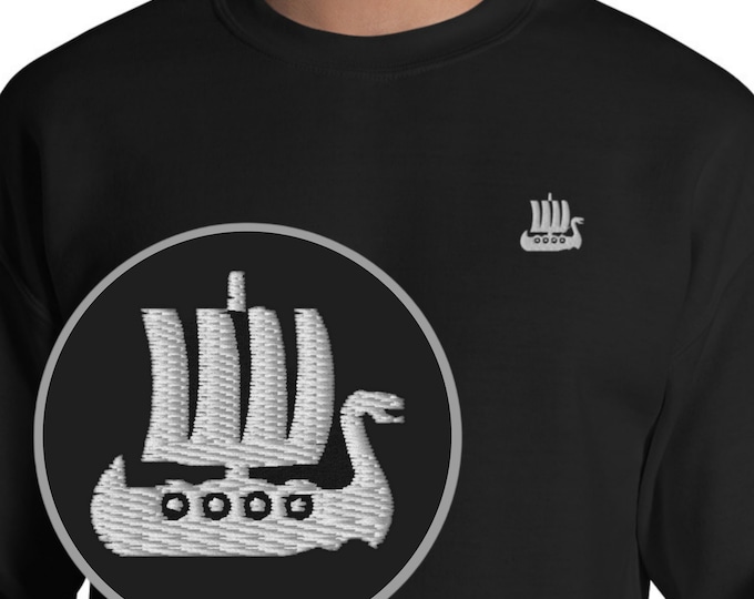 Viking Ship Embroidered Sweatshirt, Norse Ship Crewneck Sweater, Scandinavian Minimalist Jumper, Explorer Spirit Sweater, Old Norse Gift