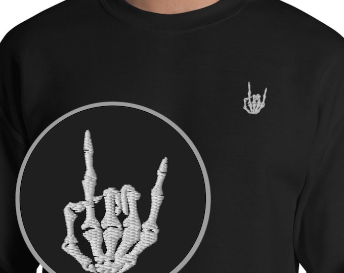 Embroidered Skeleton Hand Sweatshirt, Skeleton Rock On Sweatshirt, Funny Halloween Sweater, Sign of the Horns Skeleton Crewneck