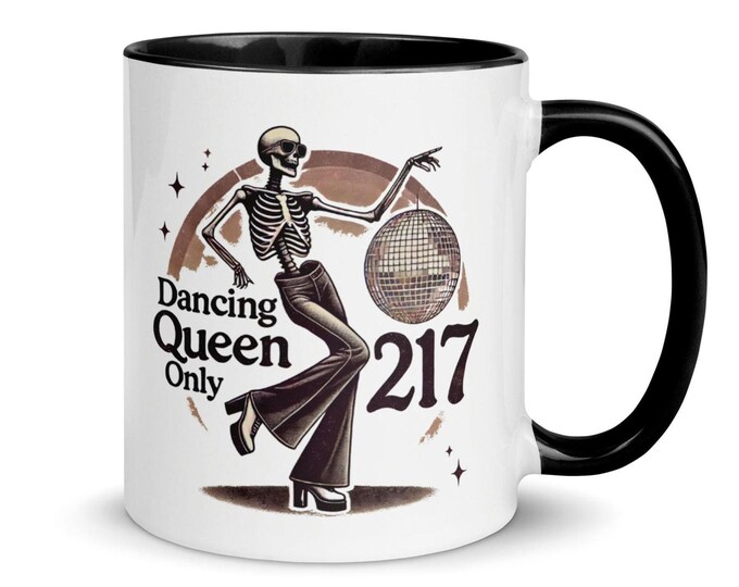 Skeleton Dancing Queen Mug, Quirky Coffee Cup for Music & Halloween Lovers
