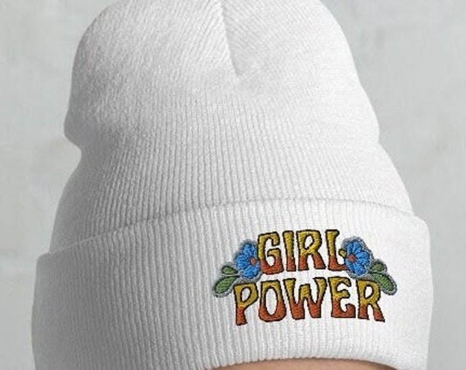 Embroidered Girl Power Cuffed Beanie, 70s Style Female Empowerment Toque, Groovy Retro Knit Cap for Her