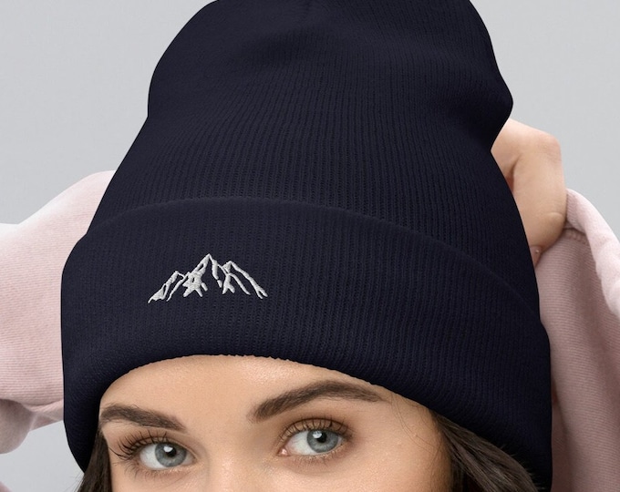 Embroidered Mountain Cuffed Beanie, Nature Inspired Hat, Outdoor Living Toque