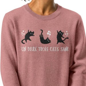 May include: A pink knitted sweater with a black cat design and the text "Un Deux Trois Cats Sank".