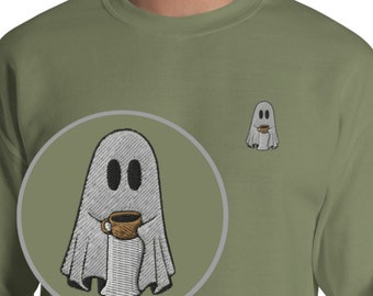 Sudadera bordada, Camisa de Halloween fantasma con café, Sudadera de otoño bordada, Sudadera bordada de Halloween