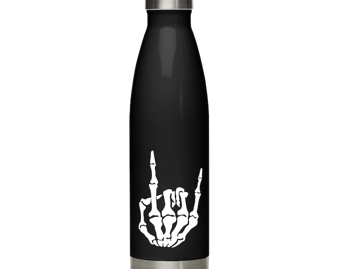 Skeleton Hand Rock-On Stainless Steel Water Bottle, Metal Hand Sign Of The Horns Halloween Insulated Tumbler, Two Finger Salute