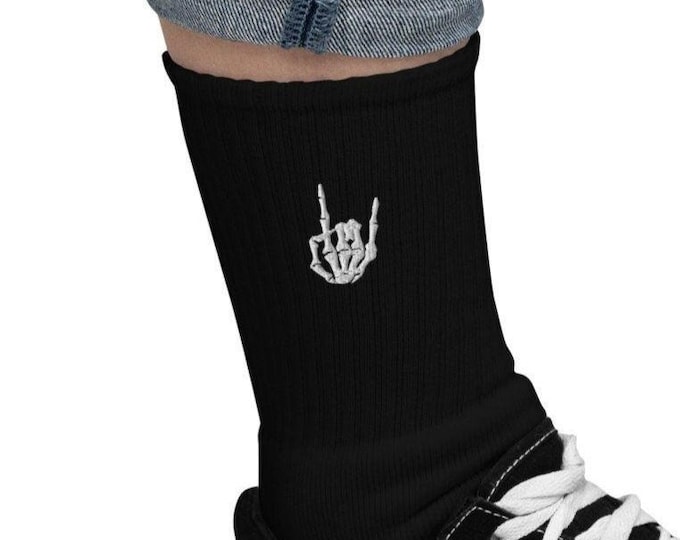 Embroidered Rock-On Halloween Socks, Sign Of The Horns Socks, Two Finger Salute Skeleton Hand