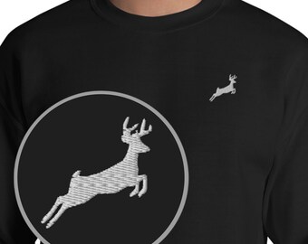 Jumping Deer Embroidered Sweatshirt, Unisex Long Sleeve Crewneck, Graceful Deer Leap Sweater, Wildlife Apparel, Nature Enthusiast Gift