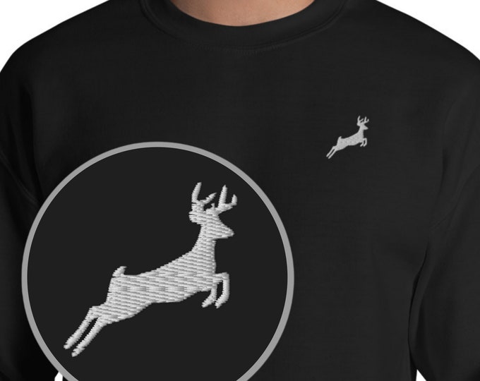 Jumping Deer Embroidered Sweatshirt, Unisex Long Sleeve Crewneck, Graceful Deer Leap Sweater, Wildlife Apparel, Nature Enthusiast Gift