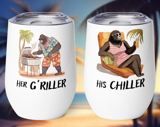His and Hers Wine Tumbler Set, Grill and Chill Gorilla Wine Tumblers, Unique His and Hers Summer BBQ Grill Chef Gift