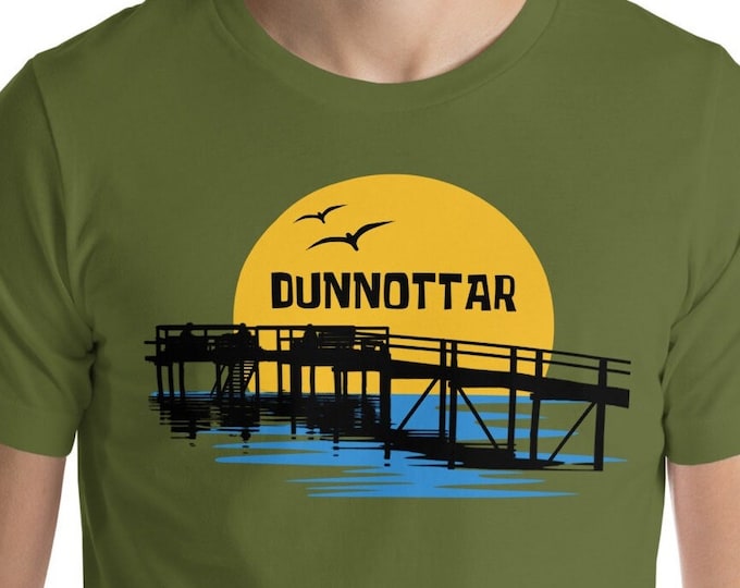 Dunnottar Pier Golden Sunrise T-Shirt, Manitoba Personalized Lake Name Unisex Graphic Tee, Cottage Lake Life Gift
