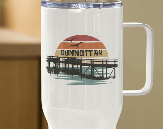 Dunnottar Retro Sunset Travel Mug, Personalized Lake Insulated Mug with handle, Cottage Lake Life Gift, Dunnottar Manitoba Interlake Thermos