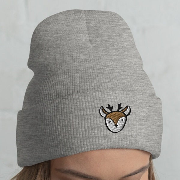 Embroidered Deer Beanie, Animal Lover Hat, Deer Lovers Gift Idea, Winter Warm Unisex Toque for Kids and Adults