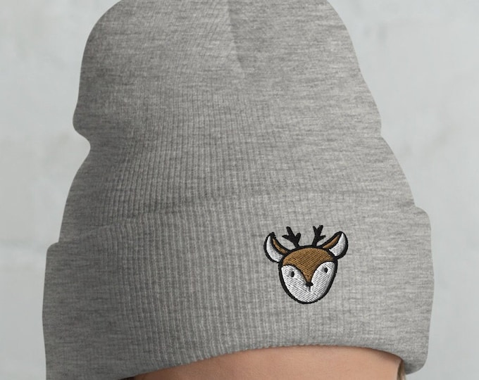 Embroidered Deer Beanie, Animal Lover Hat, Deer Lovers Gift Idea, Winter Warm Unisex Toque for Kids and Adults