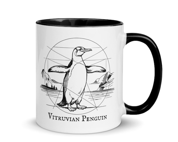 Penguin Lover Mug, Vitruvian Penguin Coffee Cup, Funny Da Vinci Parody Mug