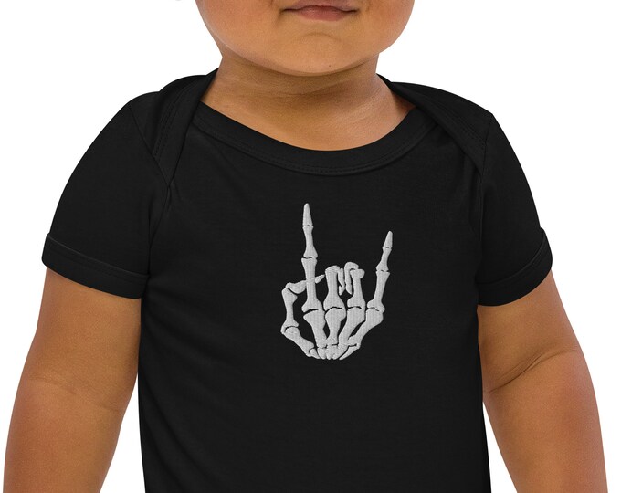 Embroidered Rock-On Skeleton Hand Baby Bodysuit, Organic Cotton Sleeper, Stylish Halloween Apparel, Gender Neutral Onesie