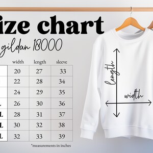 Pu&ograve; includere: Tabella delle taglie per le felpe Gildan 18000, che mostra le misure in pollici per larghezza, lunghezza e lunghezza della manica per le taglie S a 4XL.