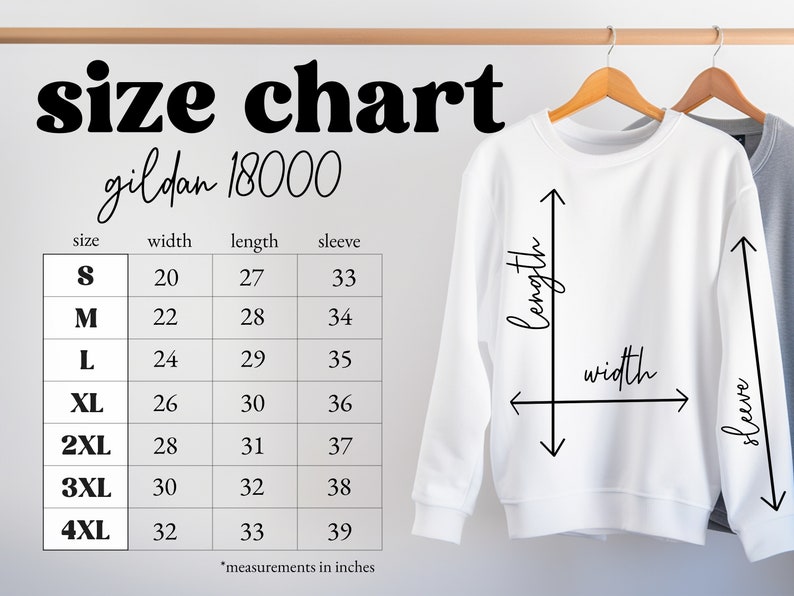 Pu&ograve; includere: Tabella delle taglie per le felpe Gildan 18000, che mostra le misure in pollici per larghezza, lunghezza e lunghezza della manica per le taglie S a 4XL.